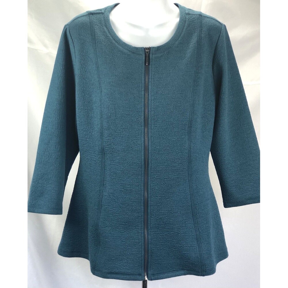 Halston knit peplum top S Teal Zip Front Scoop Neck 3/4 Sleeve Glam Chic Career